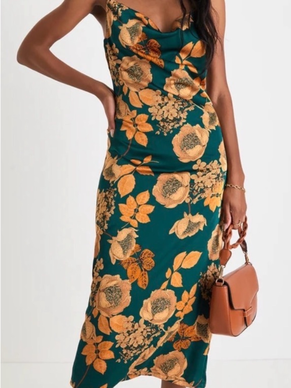 Lulu’s Favorite Icon Green and Gold Floral Midi Dress